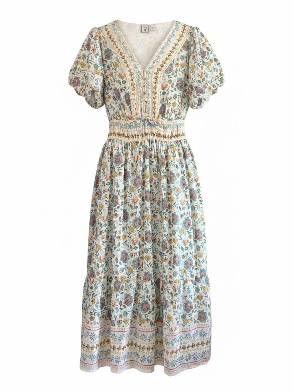 Anthropologie Lea Boho Cotton Floral Lined Button Maxi Dress 1X Tiered Pockets